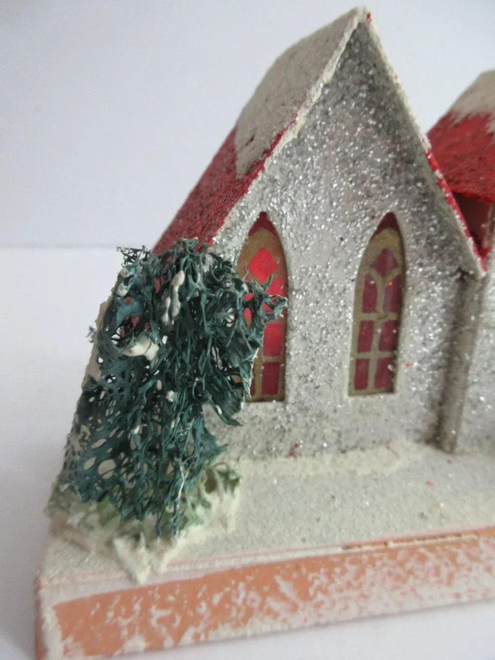 3 Putz Japan Cardboard Christmas Village Red Houses Church, Bottle Brush Trees